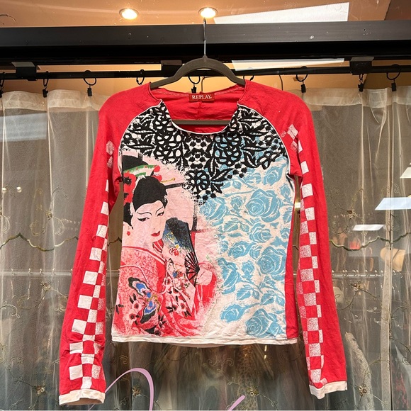 Vintage Tops - vintage euro replay red geisha checkerboard long sleeve t shirt